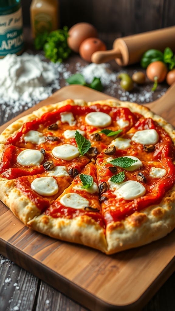 Perfect Pizza Crust Recipe Golden crispy pizza crust topped with tomato sauce and cheese on a wooden cutting board.